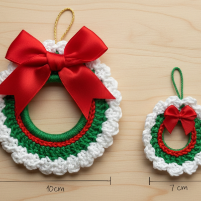 Enfeites de Natal em croché com laço vermelho e medidas indicadas em fundo de madeira clara
