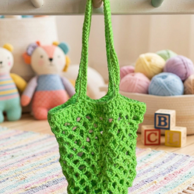 Saco de malha verde pendurado com brinquedos e bolas de lã ao fundo