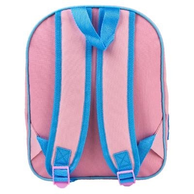 Mochila infantil rosa com alças azuis acolchoadas vista de costas