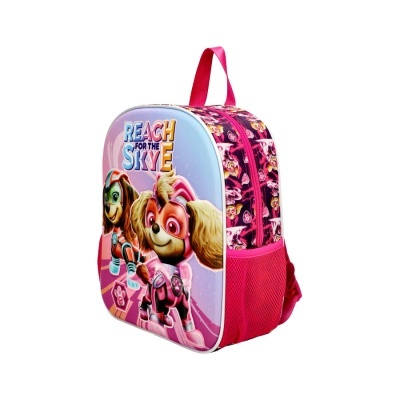 Mochila infantil rosa com personagens Paw Patrol e texto REACH FOR THE SKYE
