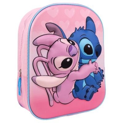 Mochila infantil rosa com personagens Stitch e Angel em relevo