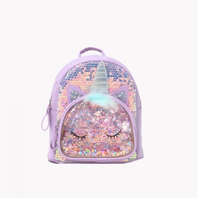 Mochila lilás infantil com lantejoulas, chifre e bolso frontal com glitter