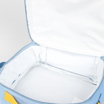 Mala térmica azul aberta com interior branco