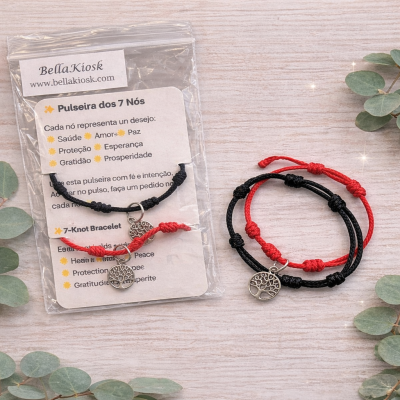 Pulseiras dos 7 nós vermelha e preta com pendente árvore da vida e embalagem com cartão informativo