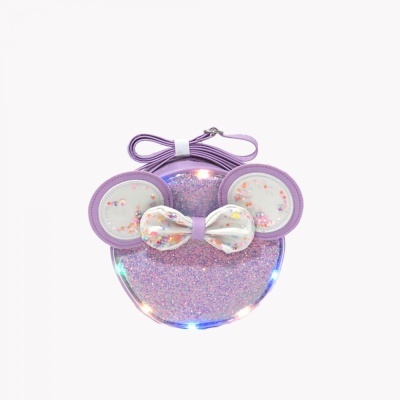 Bolsa infantil roxa com glitter e luzes LED em forma de cabeça de rato
