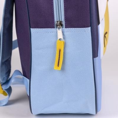 Mochila escolar azul claro e roxa com fecho e detalhes amarelos