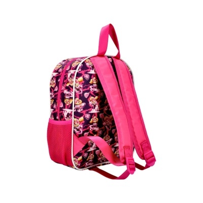 Mochila infantil rosa com padrão colorido e alças almofadadas