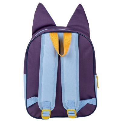 Mochila roxa com orelhas e alças azuis com fivelas amarelas