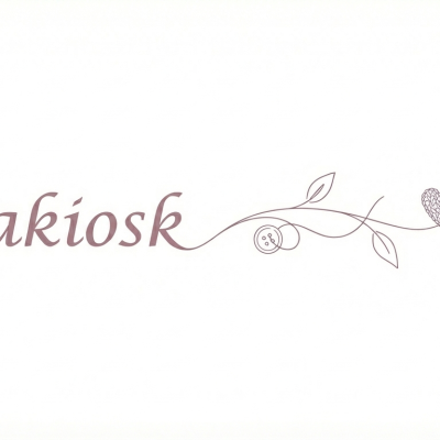 Texto Bellakiosk com desenho linear de folhas, botões e coração castanhos em fundo branco