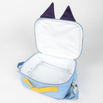 Mala infantil azul clara com orelhas roxas e interior branco aberta