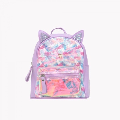 Mochila infantil lilás com orelhas de gato e bolso transparente