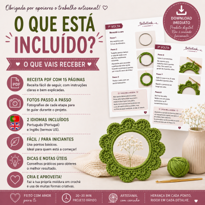 Folheto com instruções para fazer moldura em croché verde, texto em português, elementos gráficos e materiais para croché.