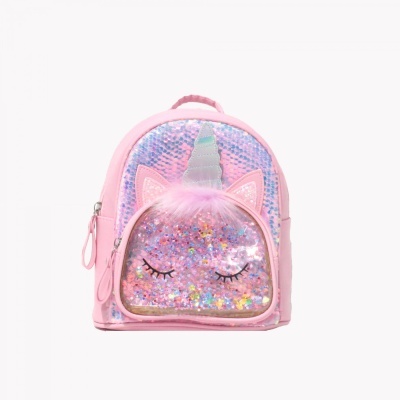 Mochila infantil rosa com detalhes de unicórnio e bolso frontal transparente com lantejoulas brilhantes.