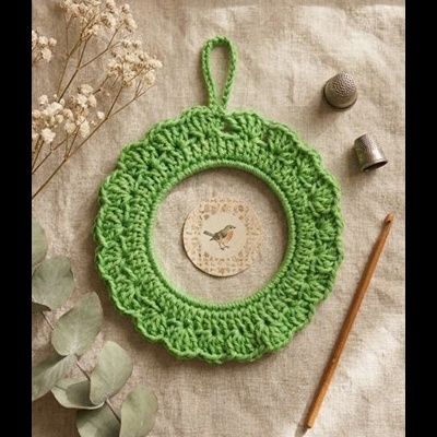 Suporte decorativo redondo de croché verde com padrão texturizado.