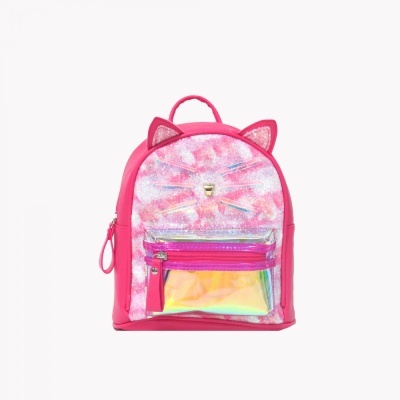 Mochila infantil cor-de-rosa com rosto de gato e bolso holográfico