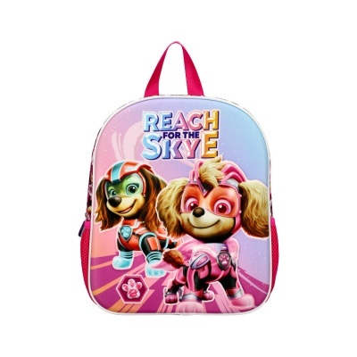 Mochila infantil rosa com personagens caninos e texto REACH FOR THE SKYE