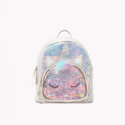 Mochila pequena holográfica com bolso frontal transparente e detalhes de unicórnio