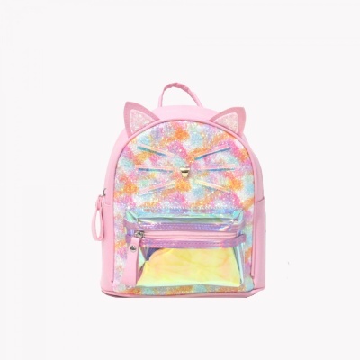 mochila cor-de-rosa com orelhas de gato e padrão colorido