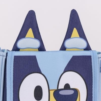Mochila infantil azul com rosto de cão e orelhas pontiagudas