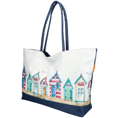 Saco tecido branco com casas coloridas e base azul escura.