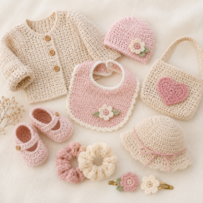 Conjunto de roupa e acessórios de bebé em crochet creme e rosa com decoração floral.