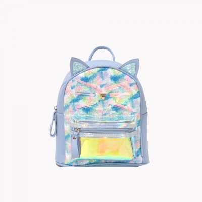 Mochila azul claro com desenhos e orelhas de gato brilhantes