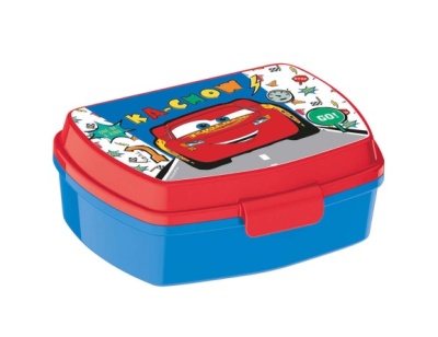 Caixa de plástico para lanche com tampa vermelha e azul com desenho do filme Cars