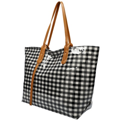 Mala tote xadrez preto e branco com alças castanhas