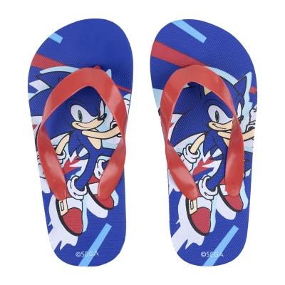 Chinelos azuis com tiras vermelhas e personagem Sonic impresso