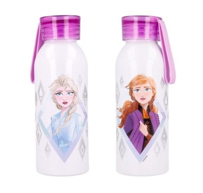 Duas garrafas de água com personagens Elsa e Anna do Frozen e tampa roxa