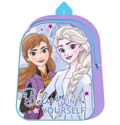 Mochila infantil com imagem das personagens Anna e Elsa da Frozen e texto inspirador