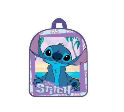 mochila lilás com imagem do Stitch da Disney e flores brancas