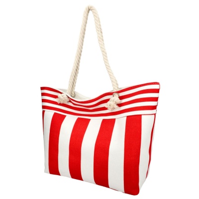 Saco vermelho e branco listrado com alças de corda