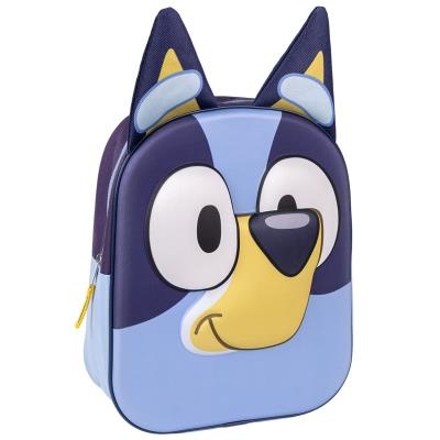 Mochila azul com rosto de cão cartoon e orelhas em relevo