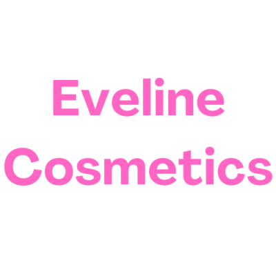 Texto rosa 'Eveline Cosmetics' em fundo branco.