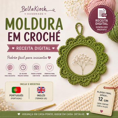 Receita digital para moldura em croché verde com botão de download e texto informativo