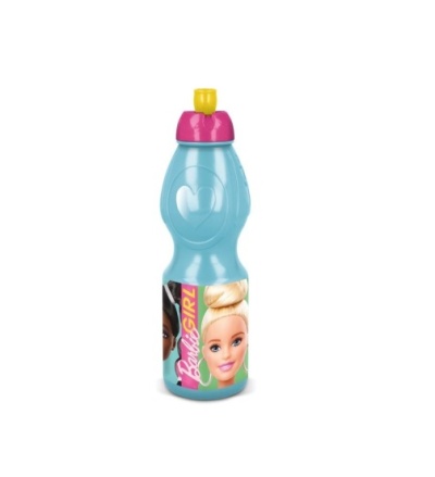 Garrafa de plástico azul com tampa rosa e bico amarelo decorada com bonecas Barbie
