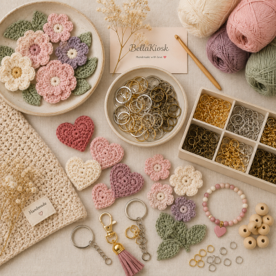 Itens de artesanato dispostos, com flores e corações em crochet coloridos, anéis metálicos e novelos de lã.