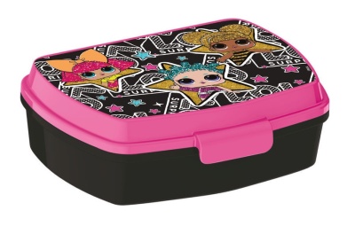 Lancheira preta com tampa rosa com desenhos de bonecas coloridas e estrelas