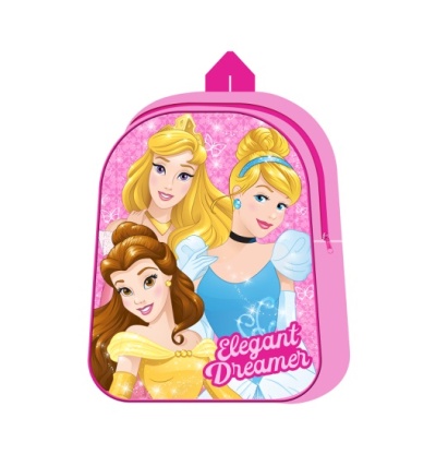 Mochila infantil rosa com trilha das princesas da Disney Aurora, Cinderela e Bela, texto Elegant Dreamer.