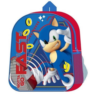 Mochila azul e vermelha com personagem Sonic e texto FAST