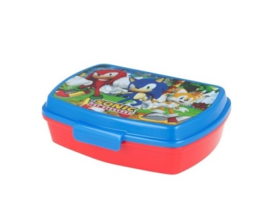 Estojo de plástico vermelho com tampa azul e personagens de Sonic