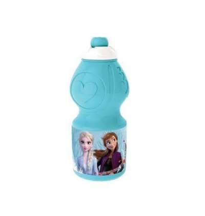Garrafa azul turquesa com personagens de Frozen e tampa branca