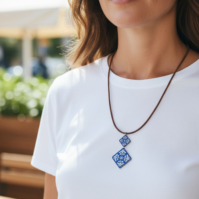 Colar Azulejo Pintado Colar azul com padrões florais em fio castanho usado por mulher com t-shirt branca