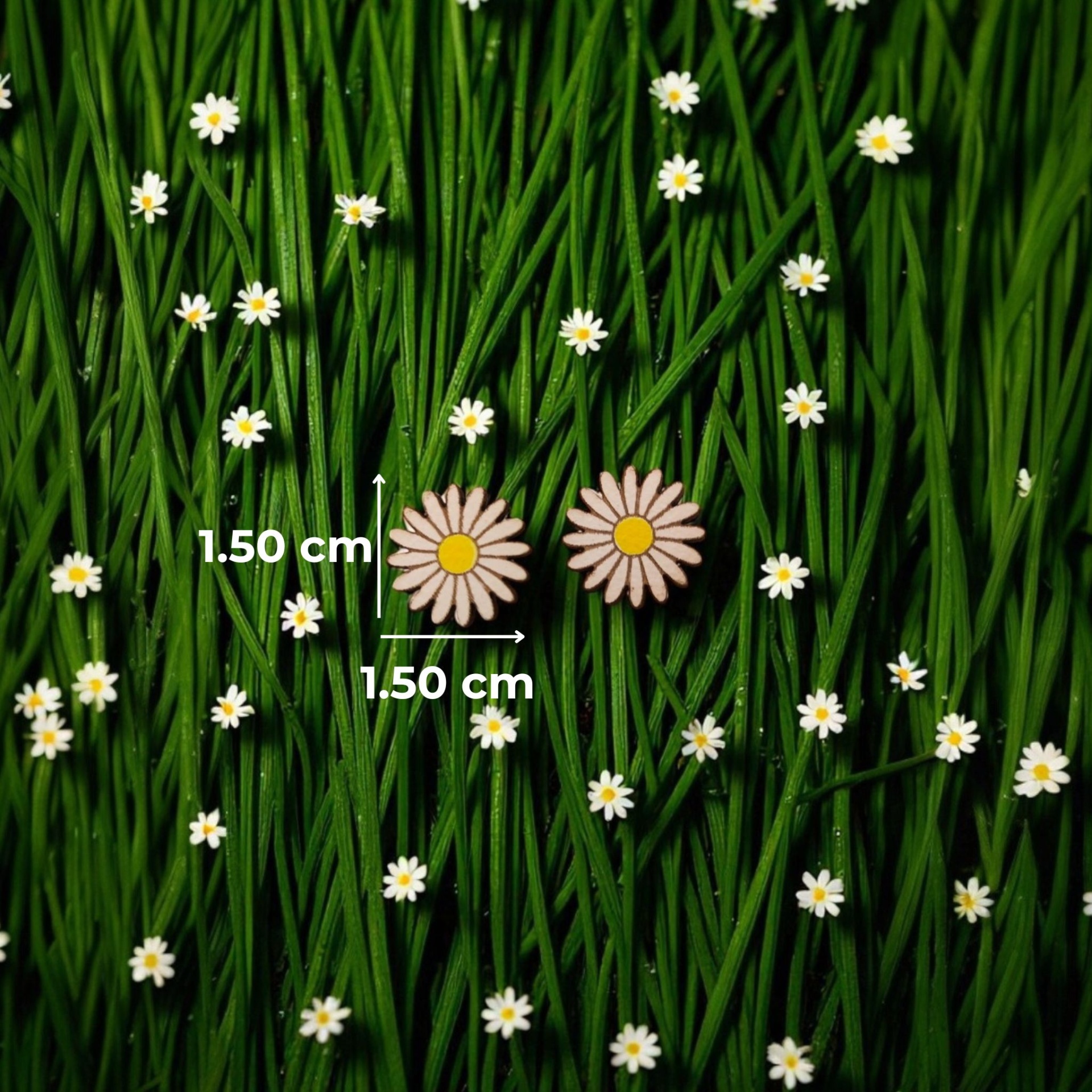 Brincos Margarida flores pequenas brancas e rosas sobre relva artificial verde com medidas