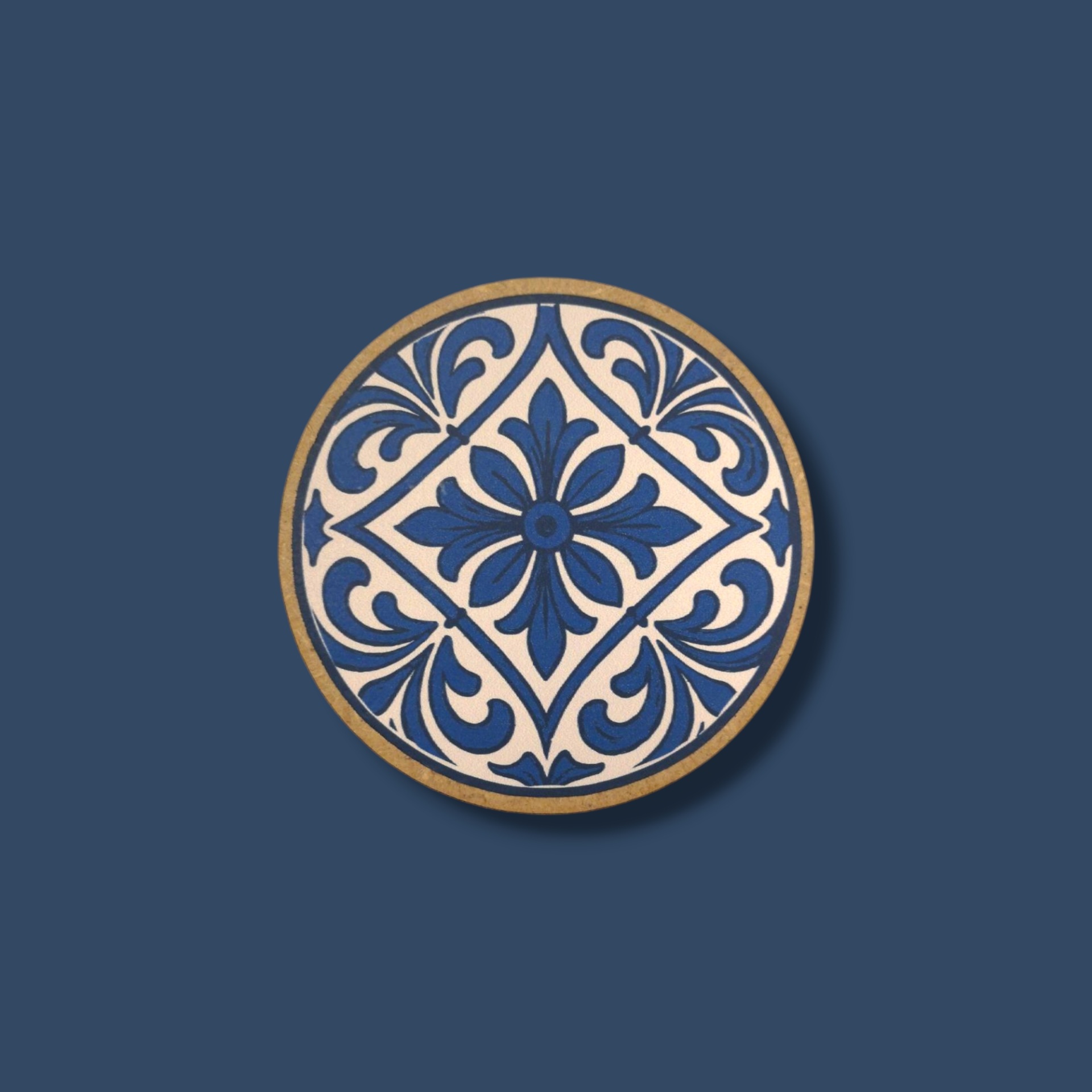 Base de Copos Azulejos Botão redondo com padrão floral azul e branco