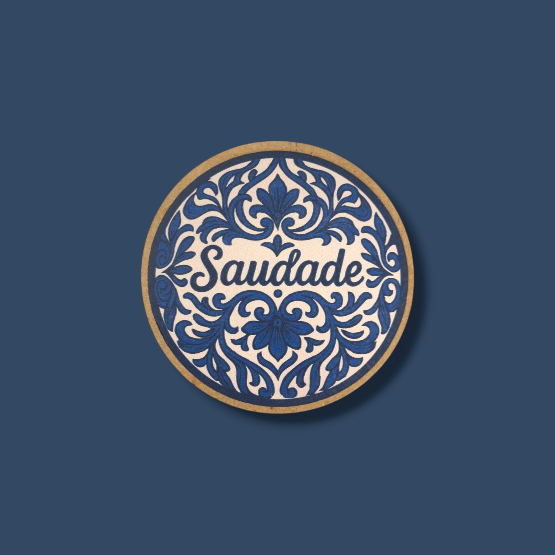 Base de Copos Azulejos Objeto redondo decorativo azul e branco com palavra Saudade
