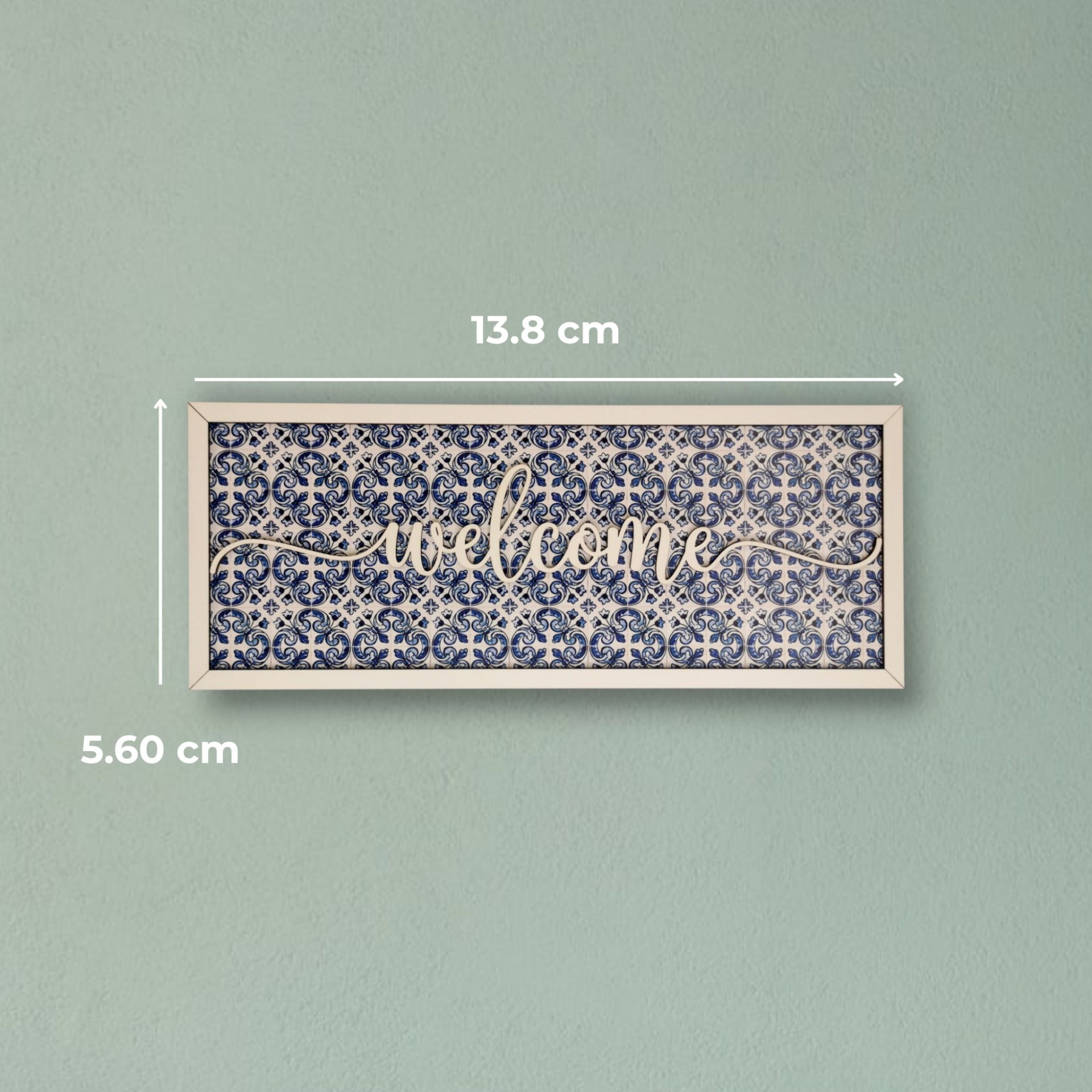 Placa Welcome Placa decorativa retangular com palavra 'welcome' em azul e branco