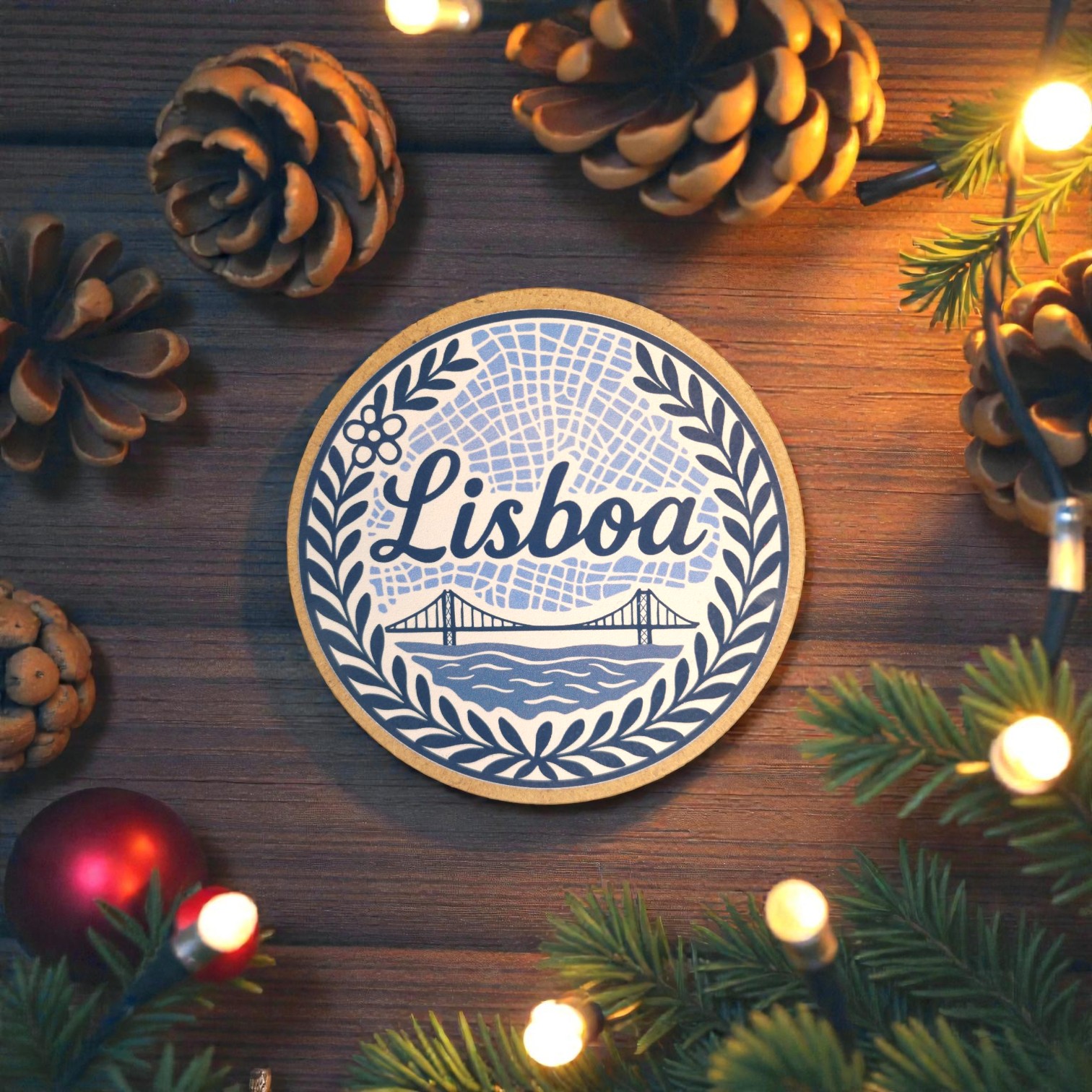 Base de Copos "Lisboa" Porta-copo redondo em cortiça com design Lisboa e decoração natalícia