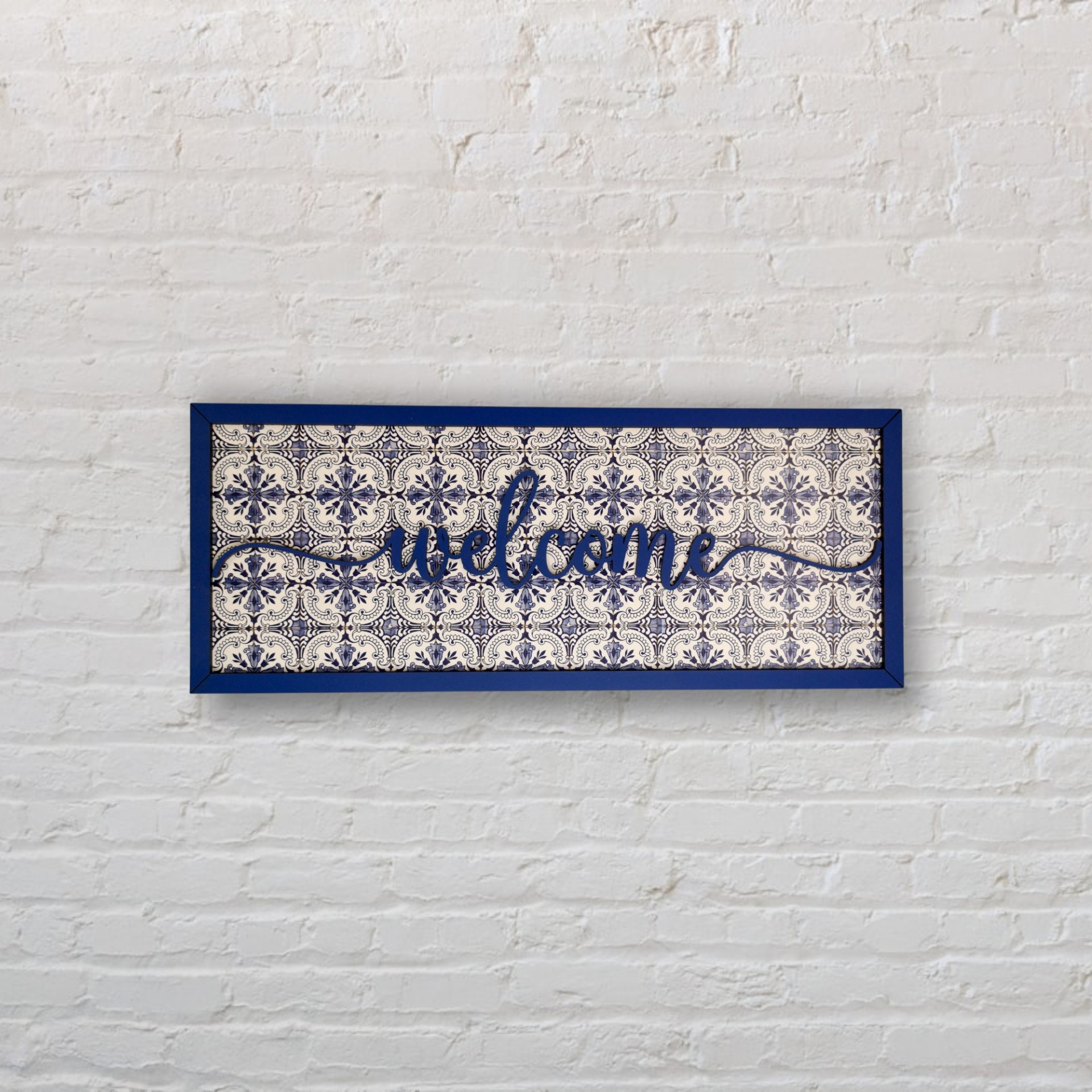 Placa Welcome Placa decorativa retangular azul com padrão de azulejos e texto 'welcome'